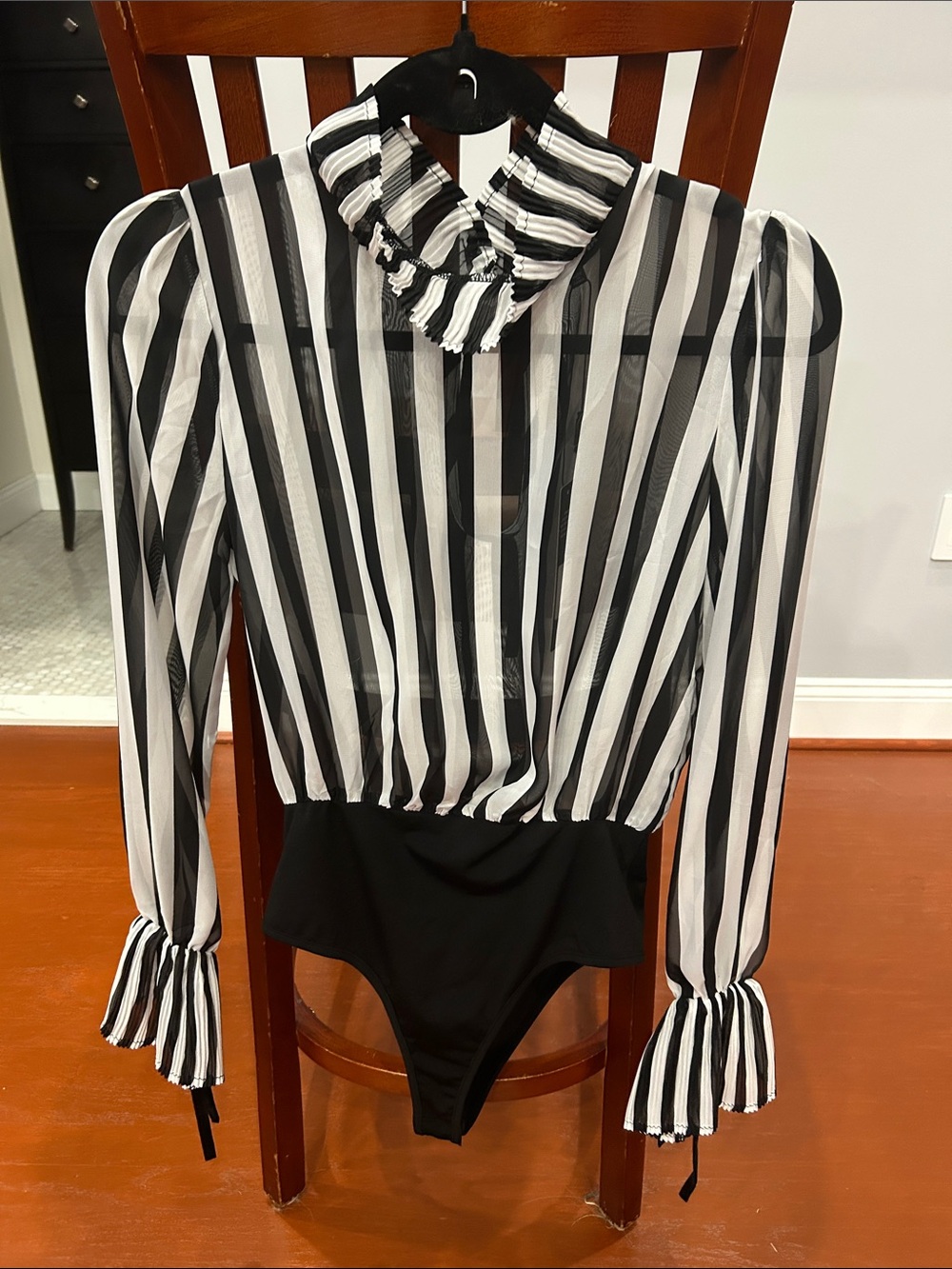 Fashion Nova Black & White Vertical Stripe Sheer Ruffle Neck Bodysuit